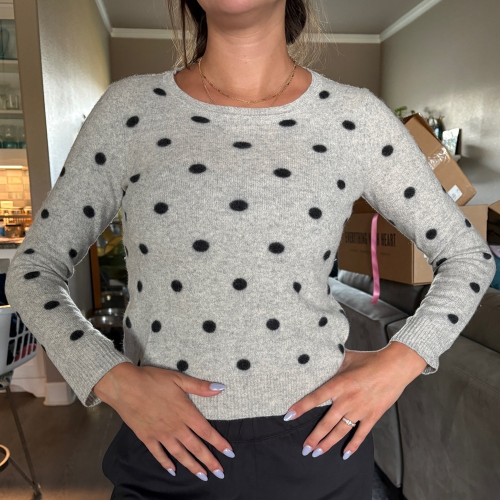 Cynthia Rowley Gray Cashmere Crewneck Sweater with Black Polka Dots